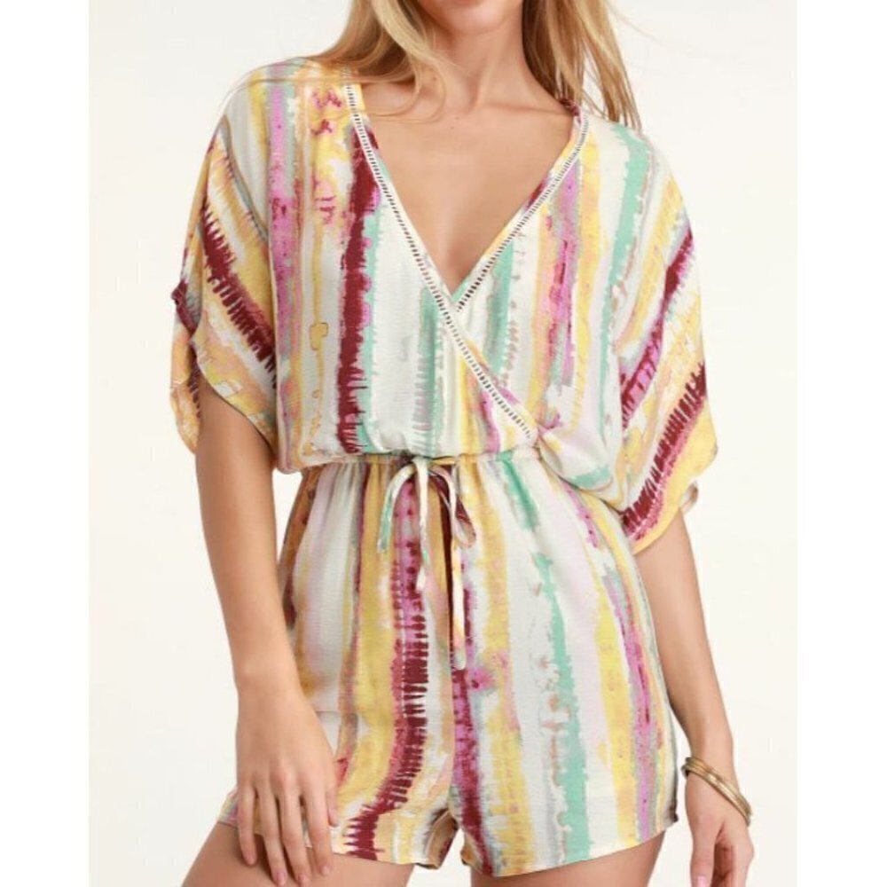 Lulus Watercolor Wonders Cream and Magenta Tie-Dye Romper Womens Small Boho